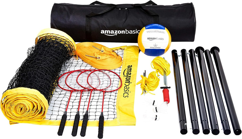 craques outdoor volleyball and badminton set with net, rackets, volleyball, poles, and carrying bag