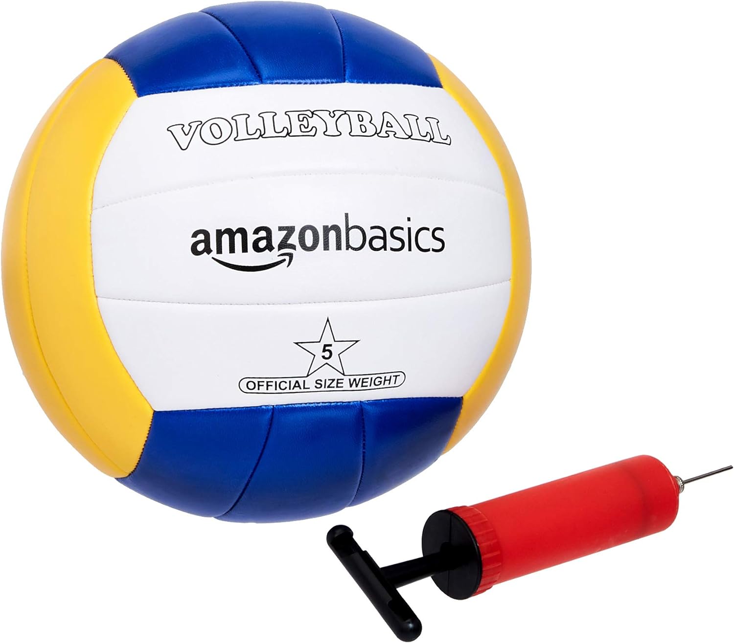 AmazonBasics volleyball with blue and yellow panels and included red hand pump outdoor volleyball and badminton set