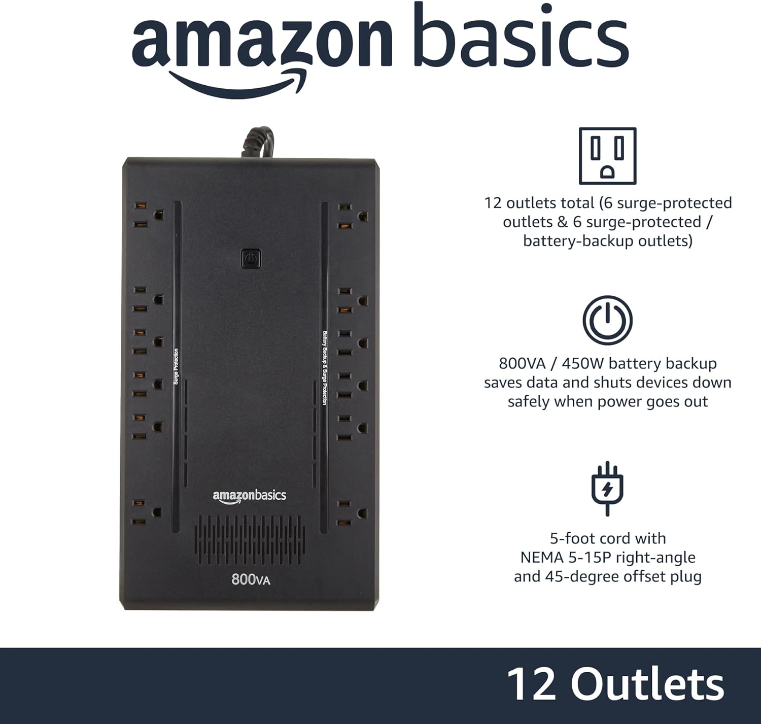 AmazonBasics UPS battery backup for gaming with 12 outlets and 800VA power capacity