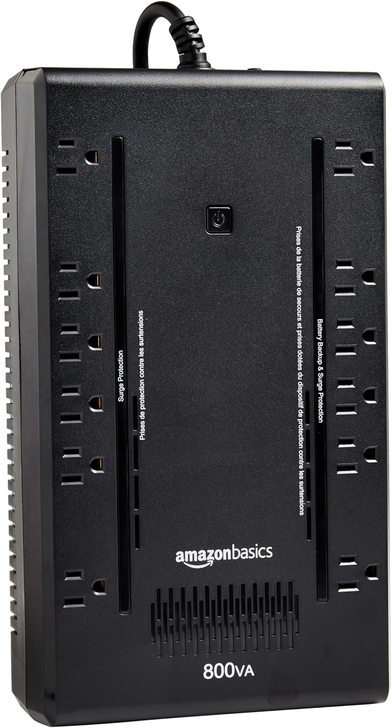 AmazonBasics 800VA UPS battery backup for gaming with multiple power outlets in black