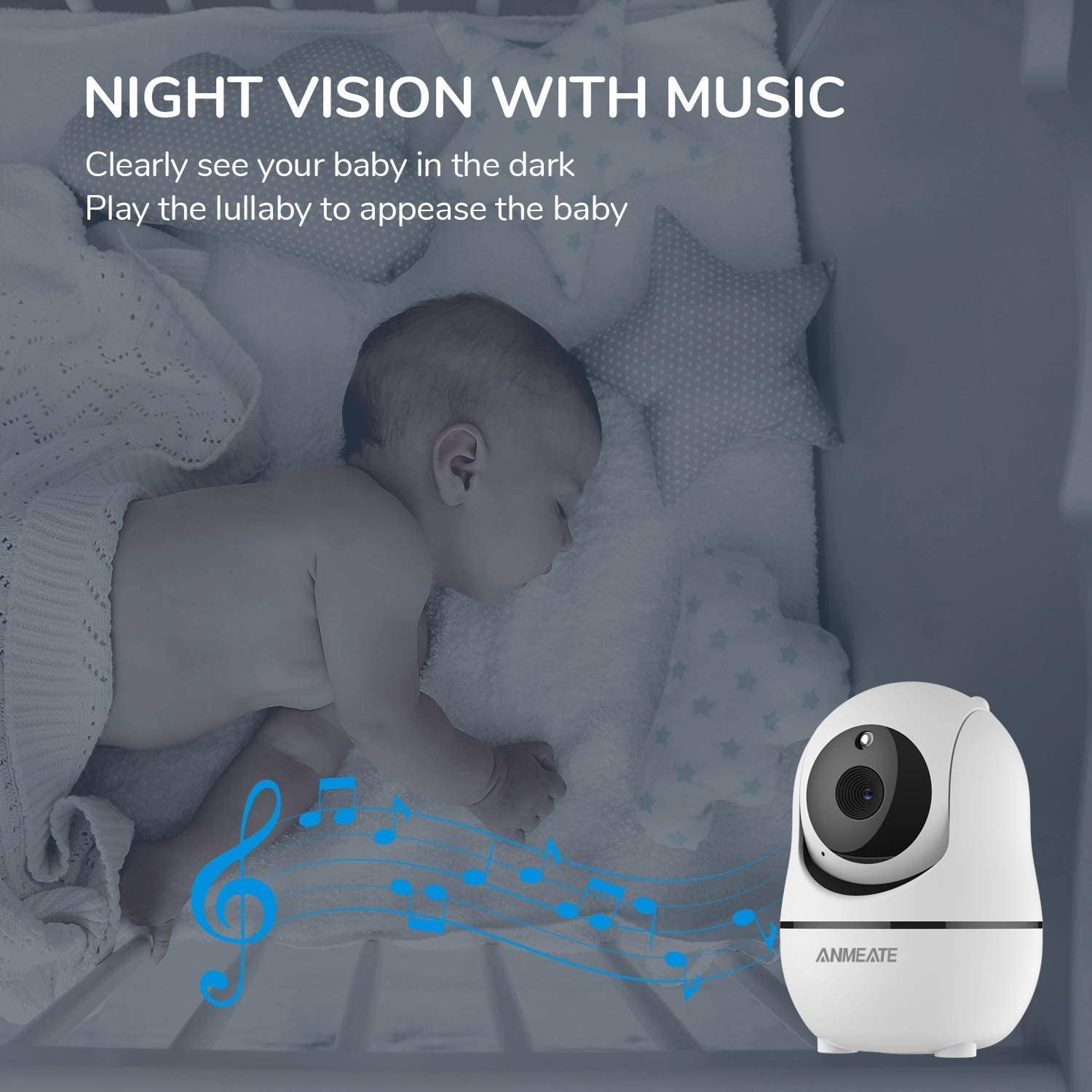 Craques baby monitor with camera and audio featuring night vision and lullaby music to watch and soothe baby
