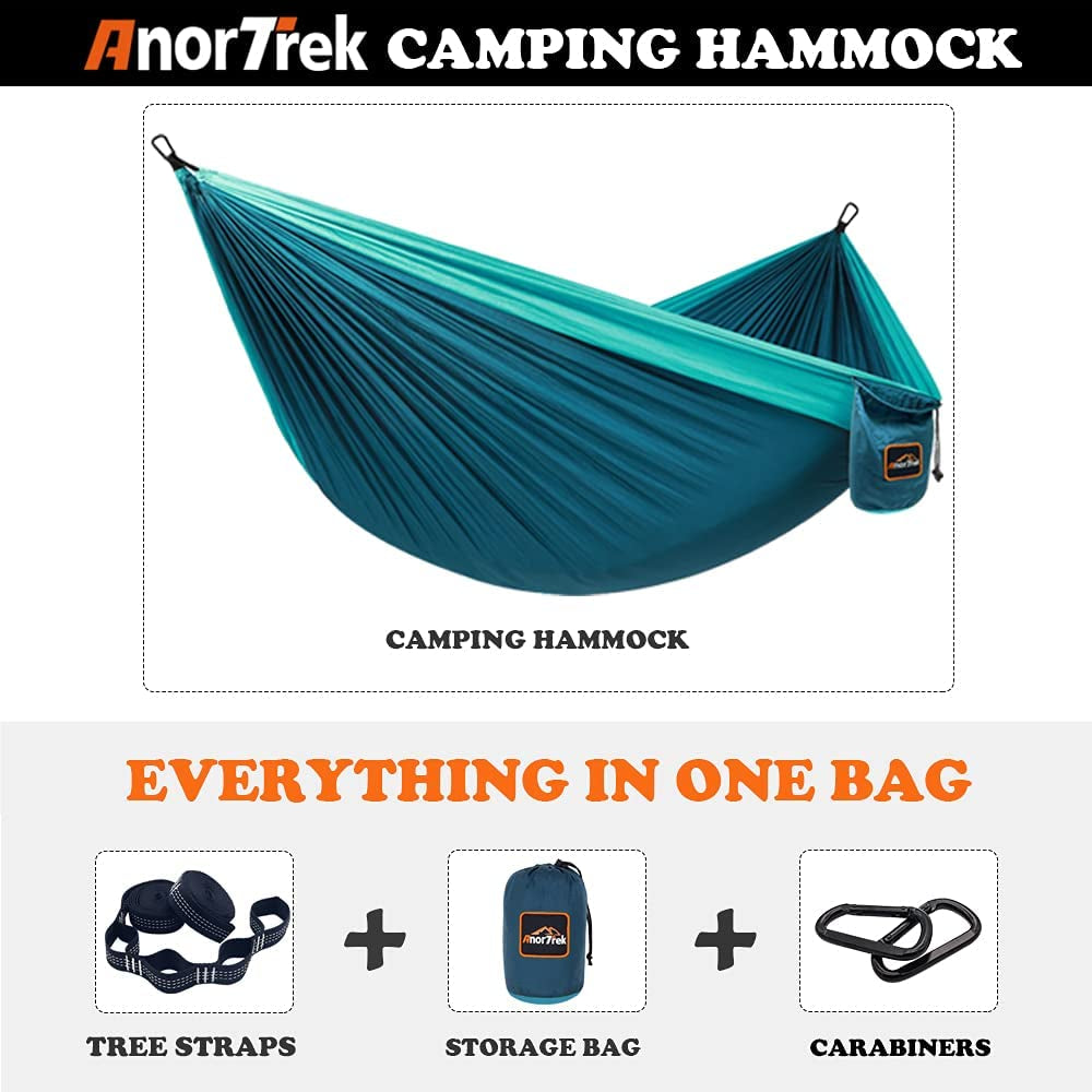 Lightweight camping hammock in teal and blue with tree straps storage bag and carabiners included