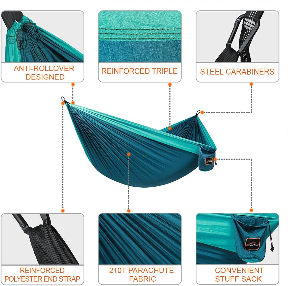 Craques lightweight camping hammock in teal with anti-rollover design and steel carabiners