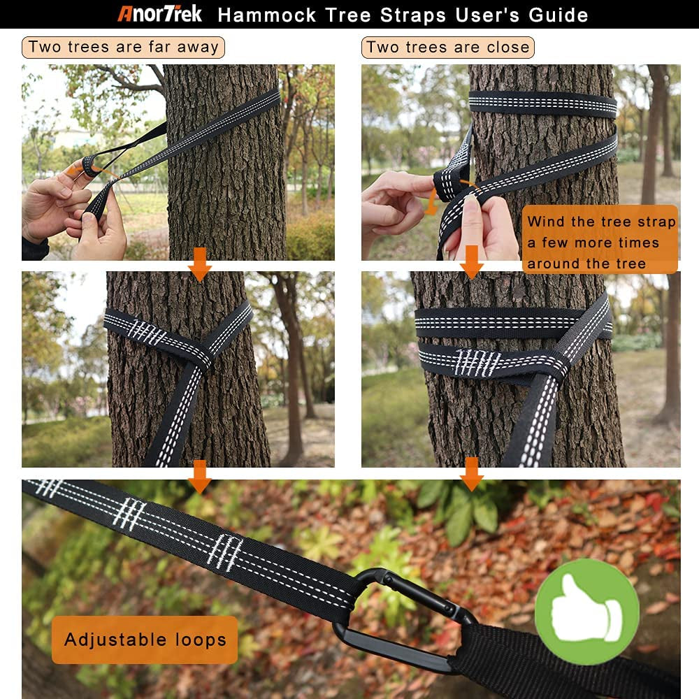 Lightweight camping hammock tree straps with adjustable loops for securing between trees far or close