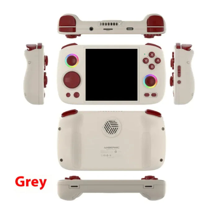 Handheld portable game console craques grey with multiple view angles showing buttons and screen