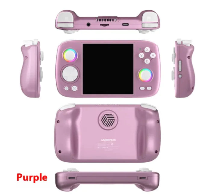 Purple handheld portable game console by craques showing front, back, top, bottom, and side views