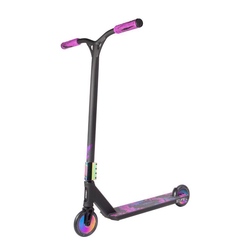 Antics Eclipse complete scooter with black frame, purple grips, and rainbow-colored wheels