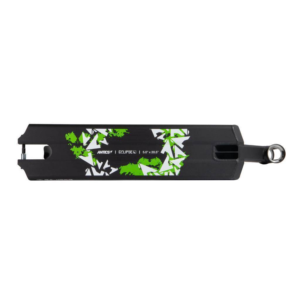 Antics Eclipse scooter deck by Antics by North Scooters in black with green and white graphic design