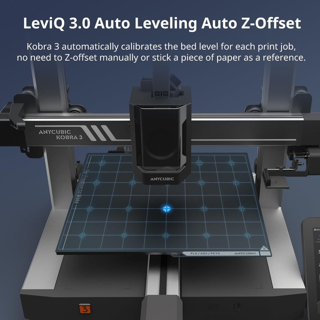 Anycubic Kobra S1 3D printer showing LeviQ 3.0 auto leveling and auto Z-offset bed calibration feature