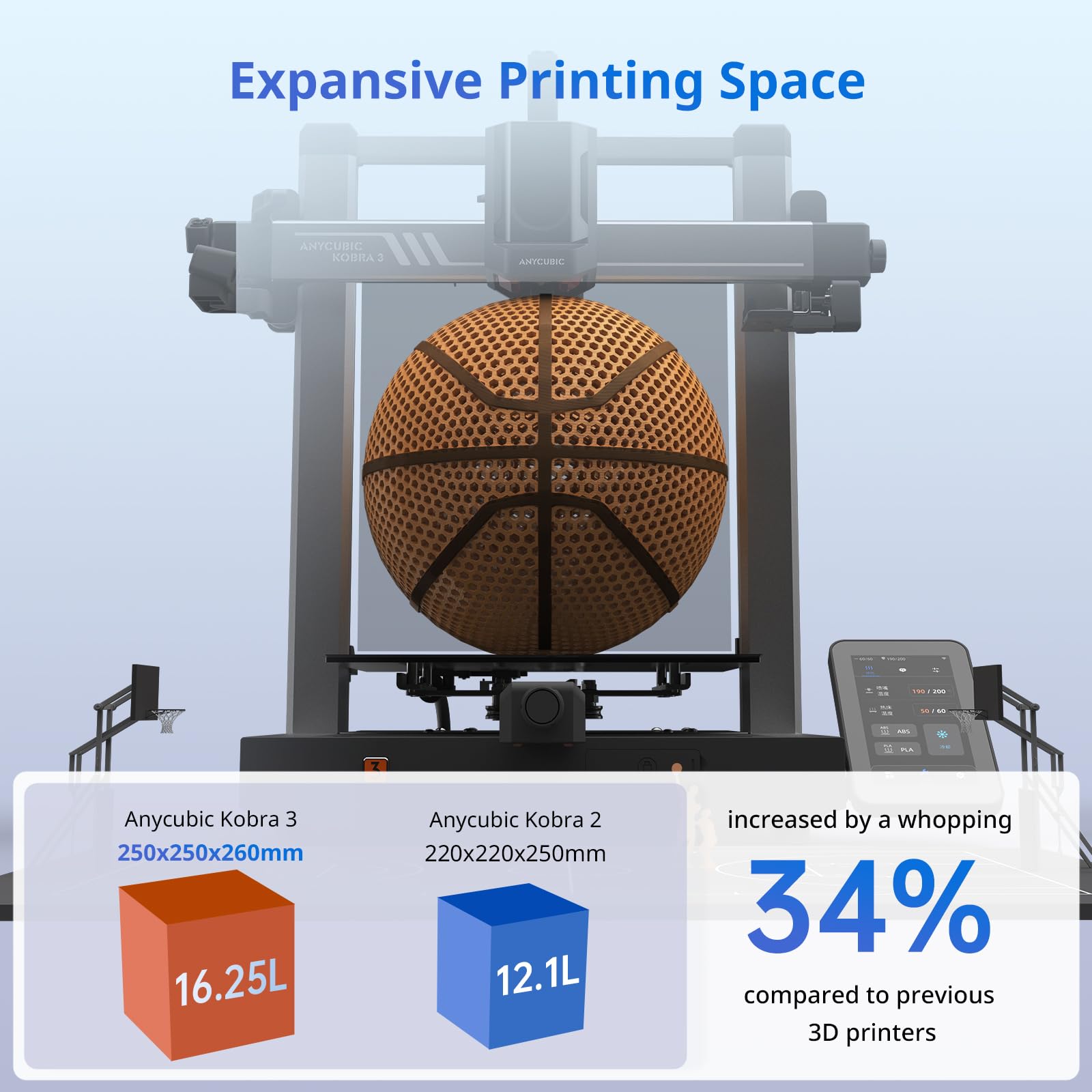Anycubic Kobra S1 3D printer showing expansive printing space with a basketball model inside