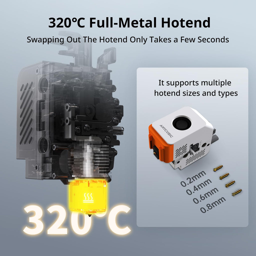 Anycubic Kobra S1 3D printer full-metal hotend heating to 320 degrees Celsius supporting multiple nozzle sizes