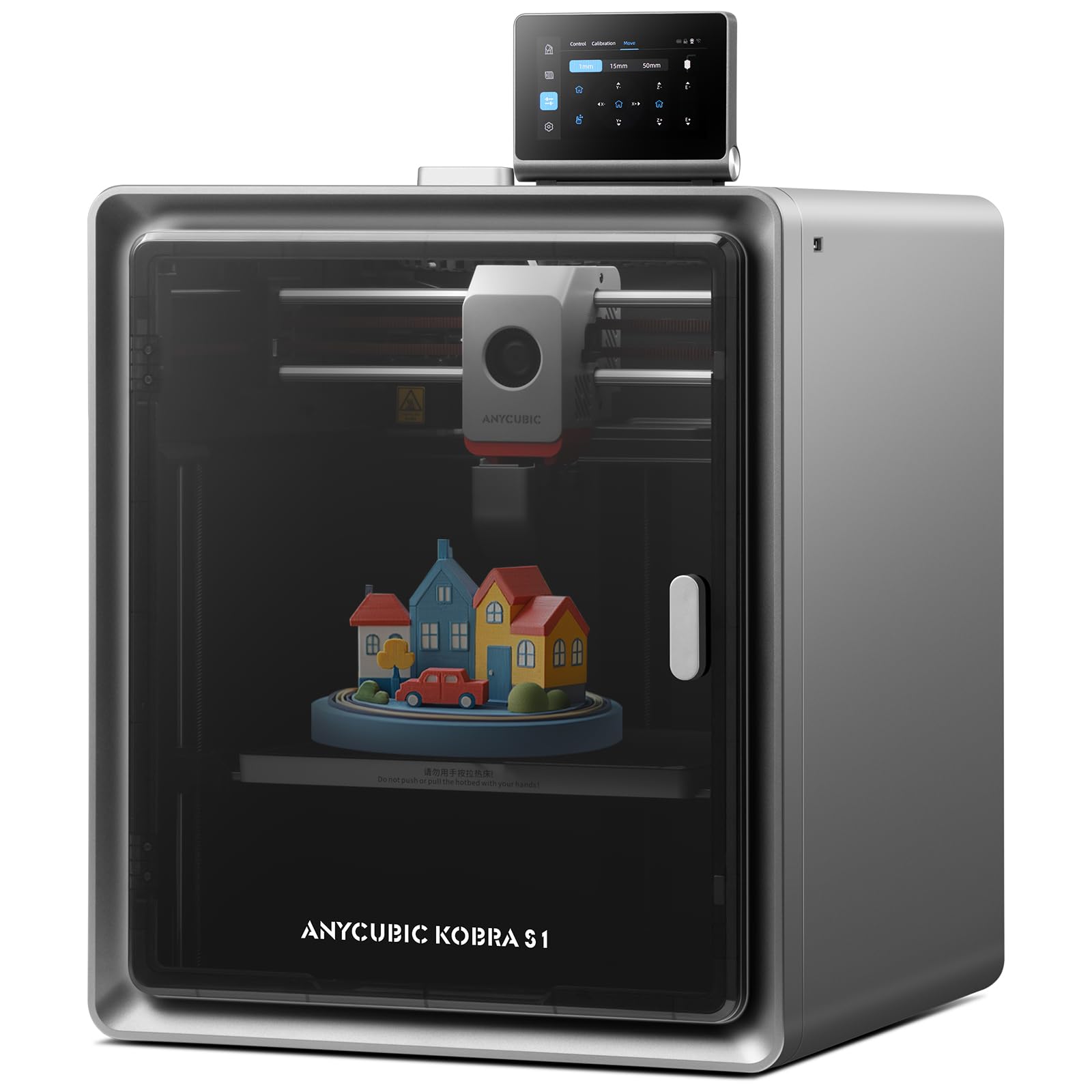 Craques Anycubic Kobra S1 3D printer with touchscreen and colorful miniature houses model inside