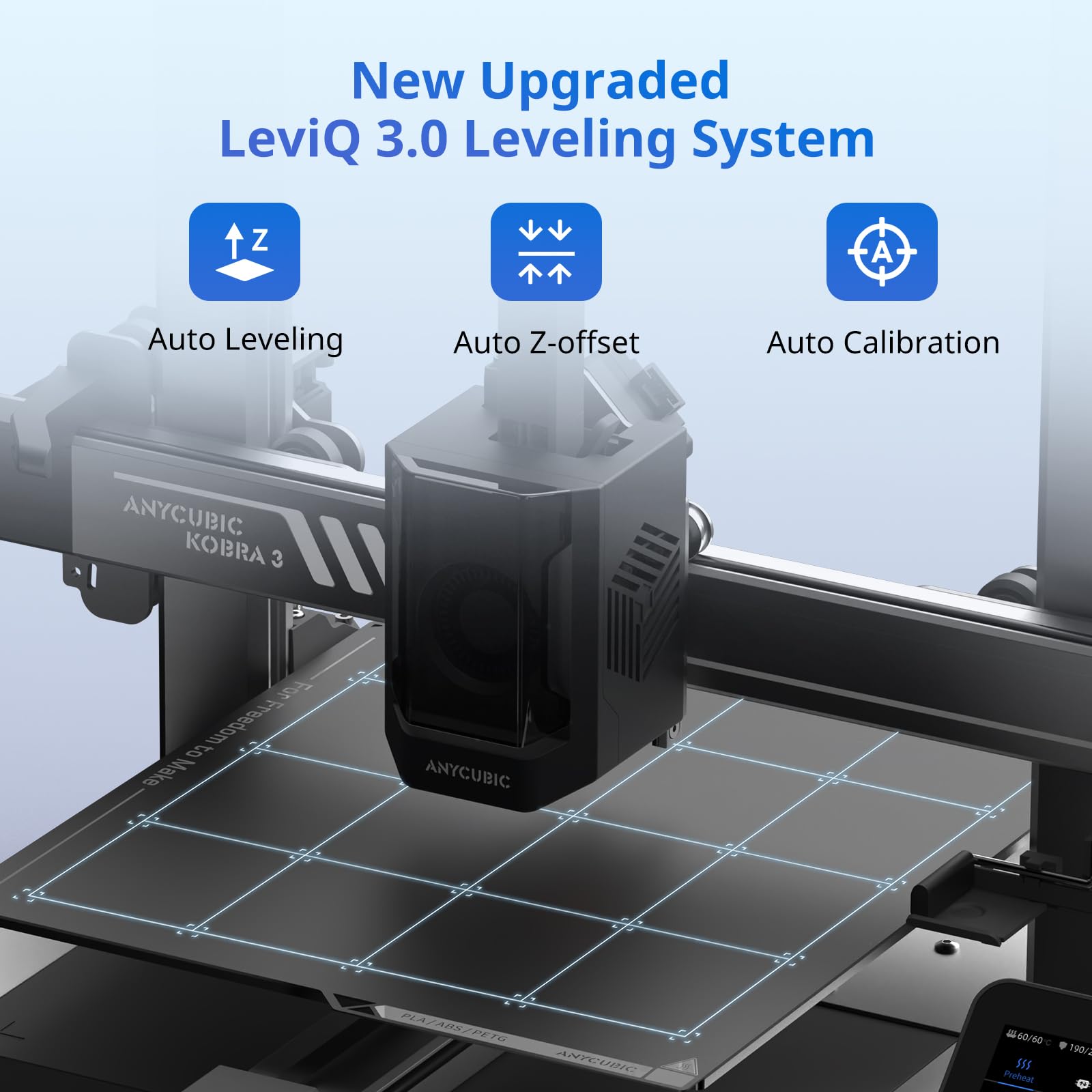 Anycubic Kobra S1 3D printer showing new upgraded LeviQ 3.0 leveling system with auto leveling auto z offset and auto calibration