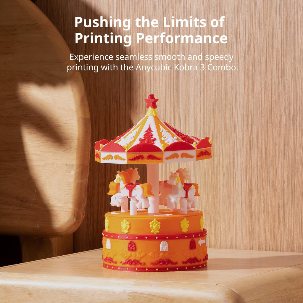 Orange and white carousel model printed with the Anycubic Kobra S1 3D printer on wooden surface