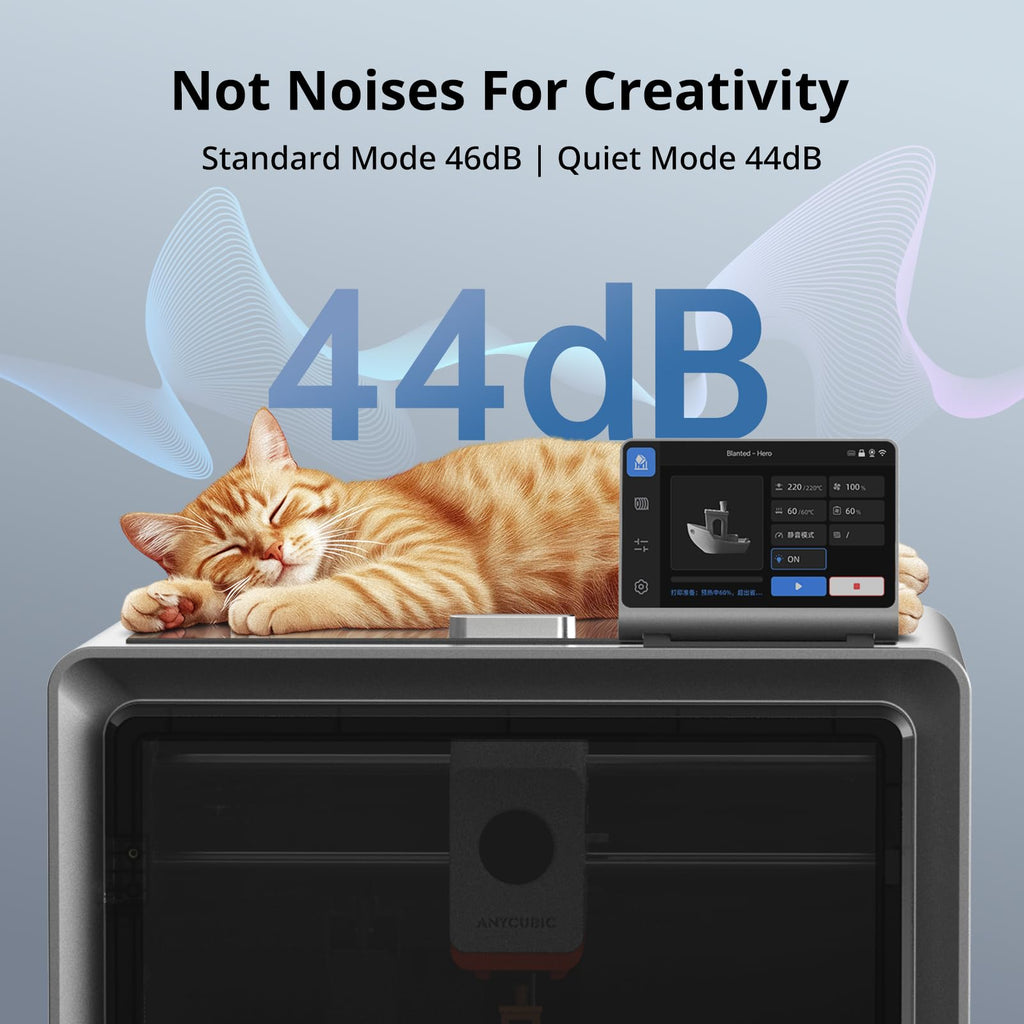 Anycubic Kobra S1 3D printer with a sleeping orange cat on top highlighting quiet 44dB noise level