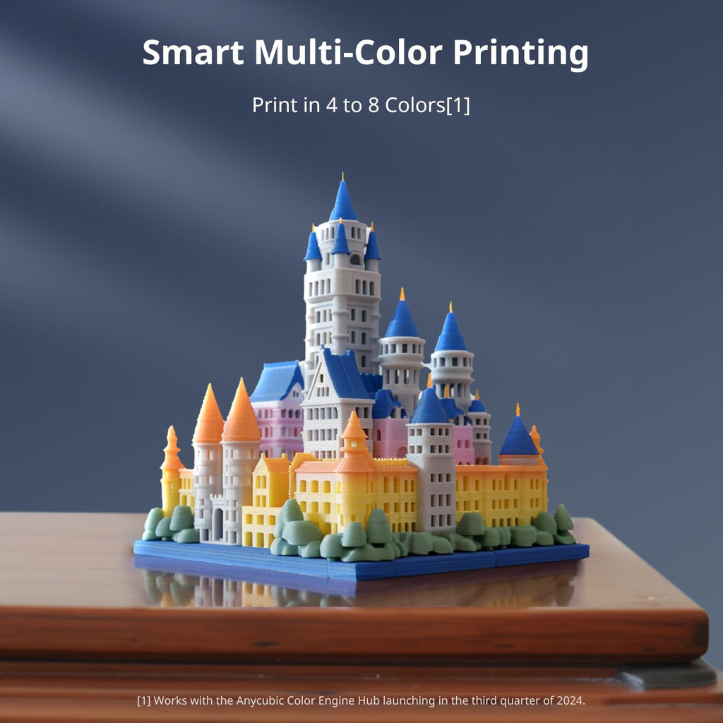 Colorful 3D printed castle model showcasing smart multi-color printing by Anycubic Kobra S1 3D printer