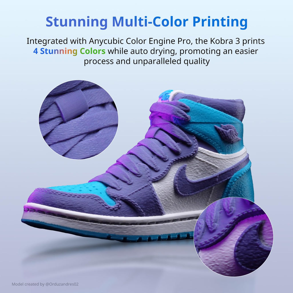 Multi-color printed purple and blue sneaker showcasing detailed texture created by Anycubic Kobra S1 3D printer
