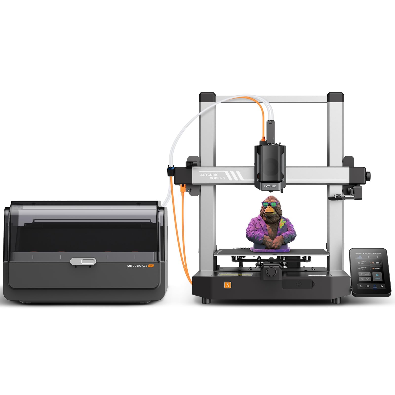 craques Anycubic Kobra S1 3D printer with dual extruders and touchscreen display printing a colorful figurine