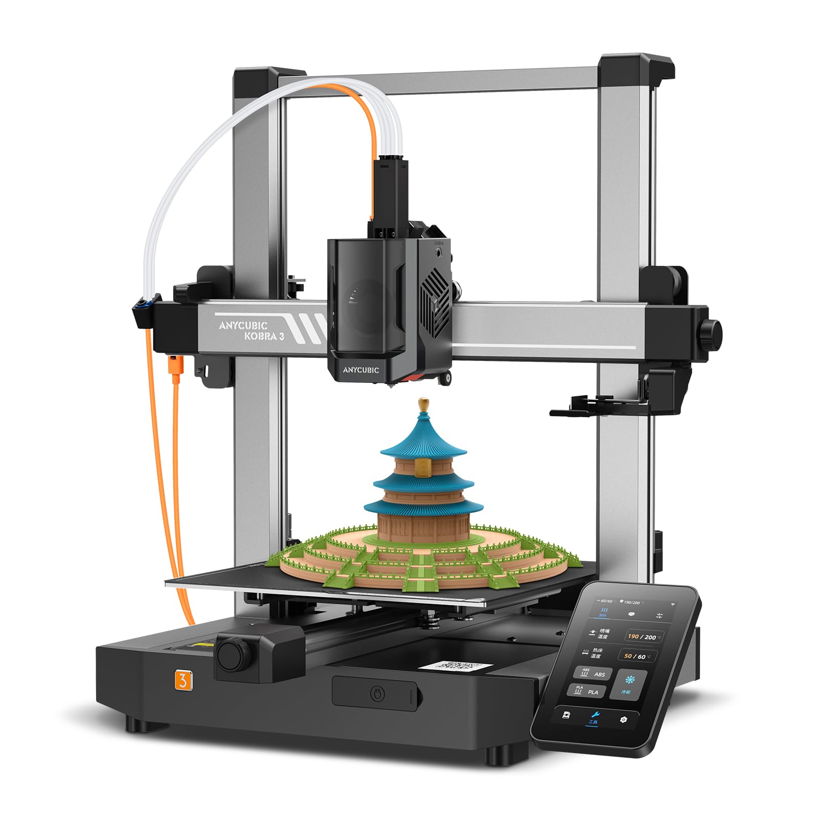 Anycubic Kobra S1 3D printer by craques printing a detailed pagoda model with touchscreen control