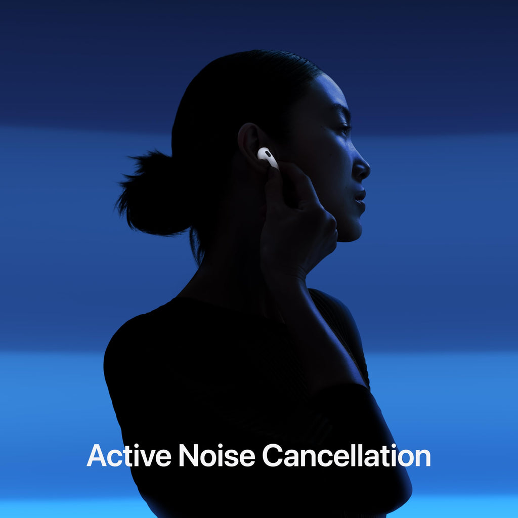 Woman wearing Apple AirPods 4 wireless earbuds with active noise cancellation in a dark blue background