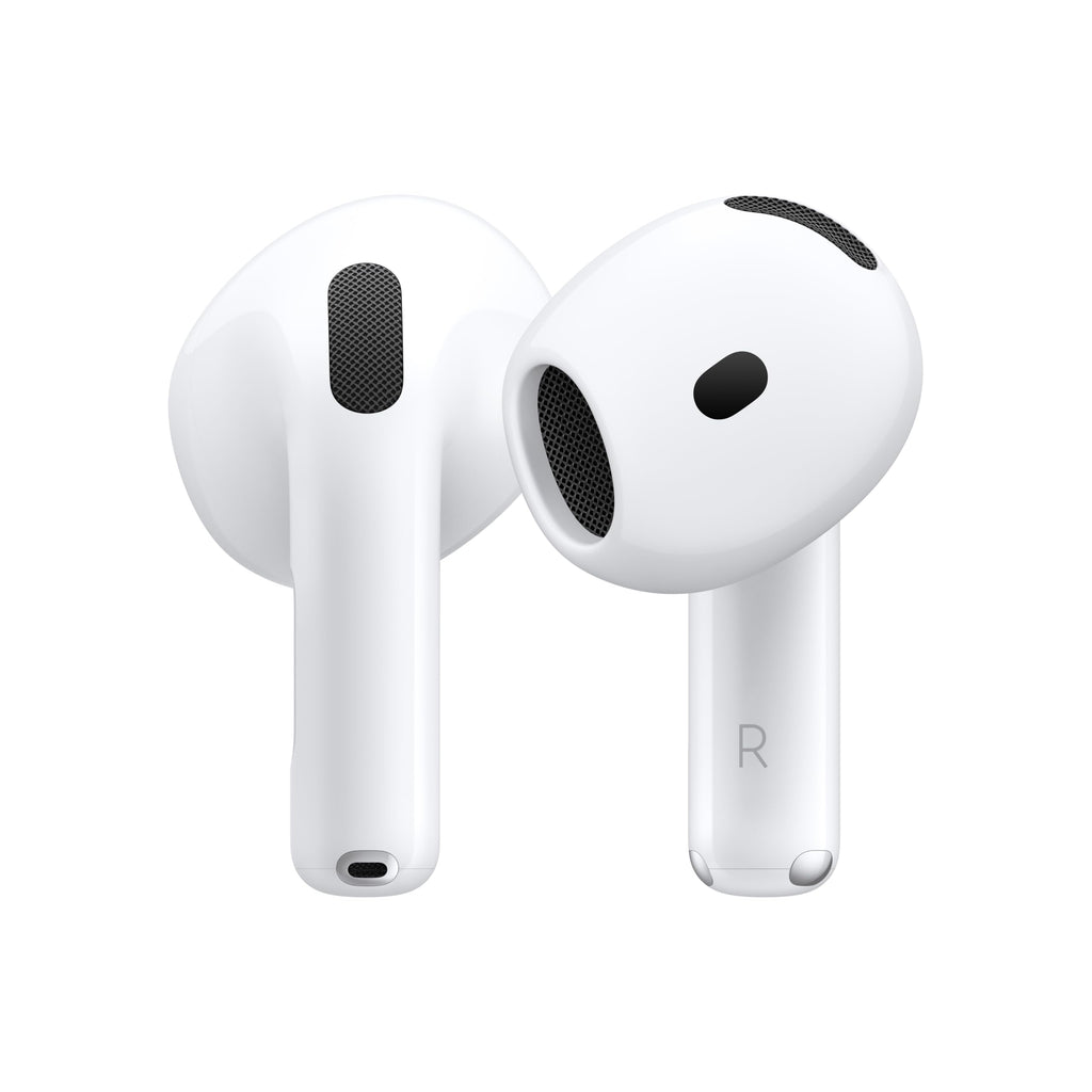 White Apple AirPods 4 wireless earbuds with sleek design and black speaker mesh