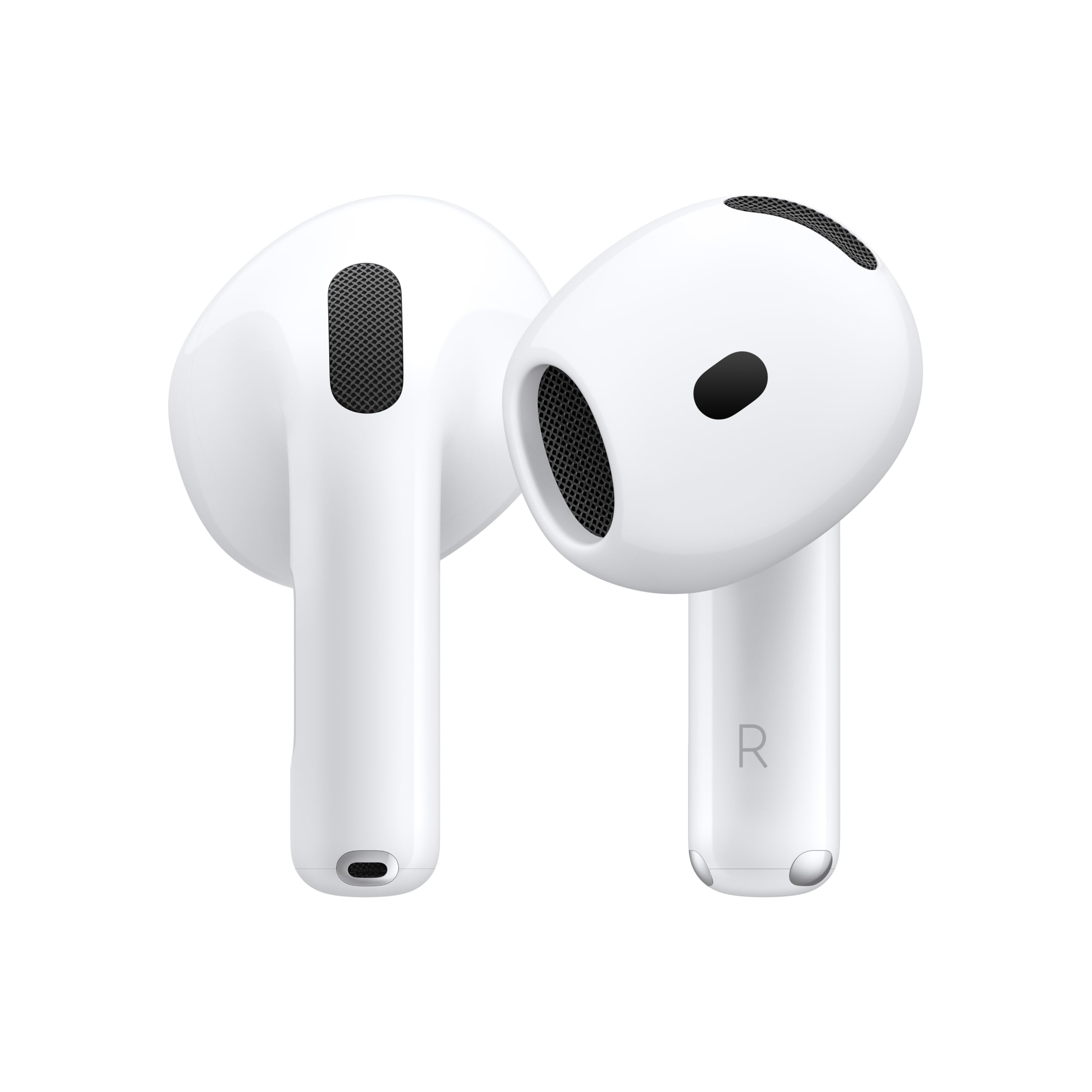 White Apple AirPods 4 wireless earbuds with sleek design and black speaker mesh