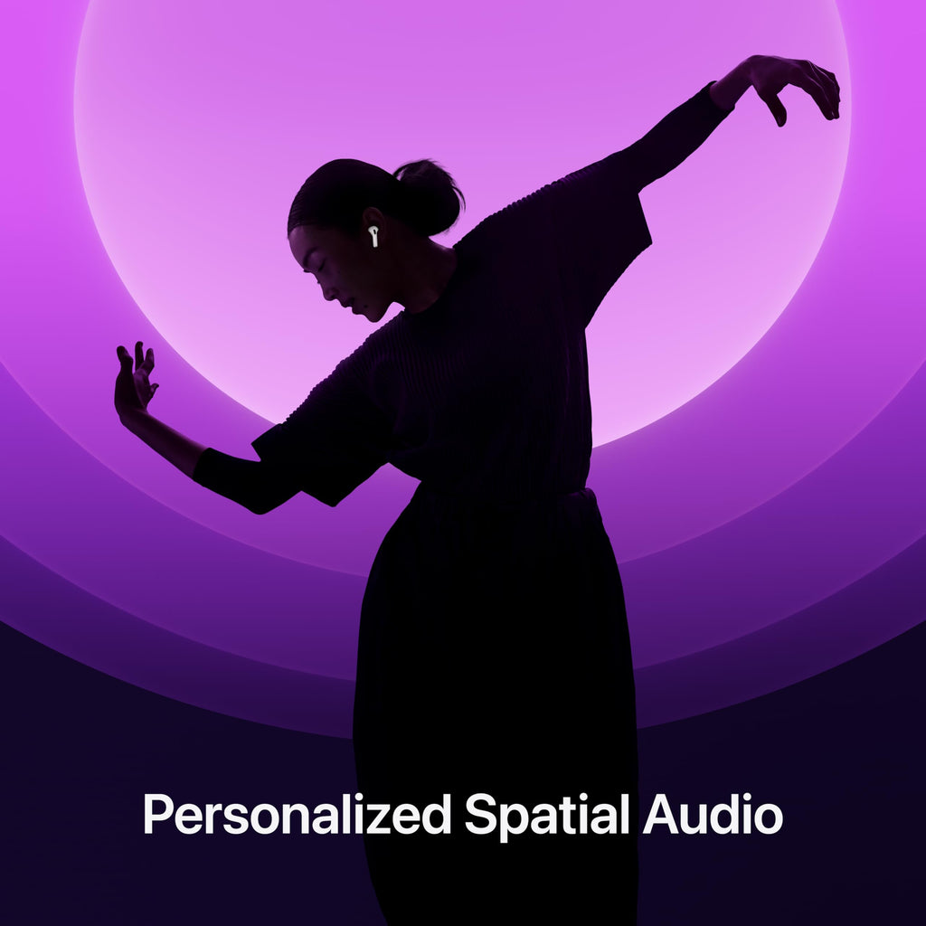 Silhouette of a woman dancing wearing Apple AirPods 4 wireless earbuds with a purple glowing background