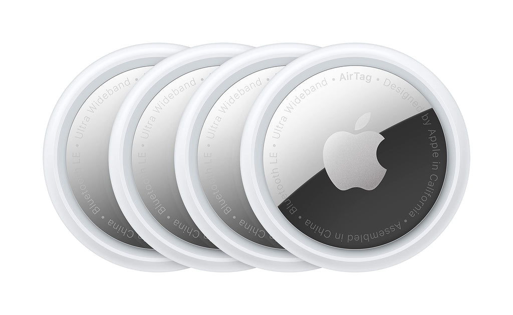 craques Apple AirTag single pack showing four white tracking devices with Apple logo