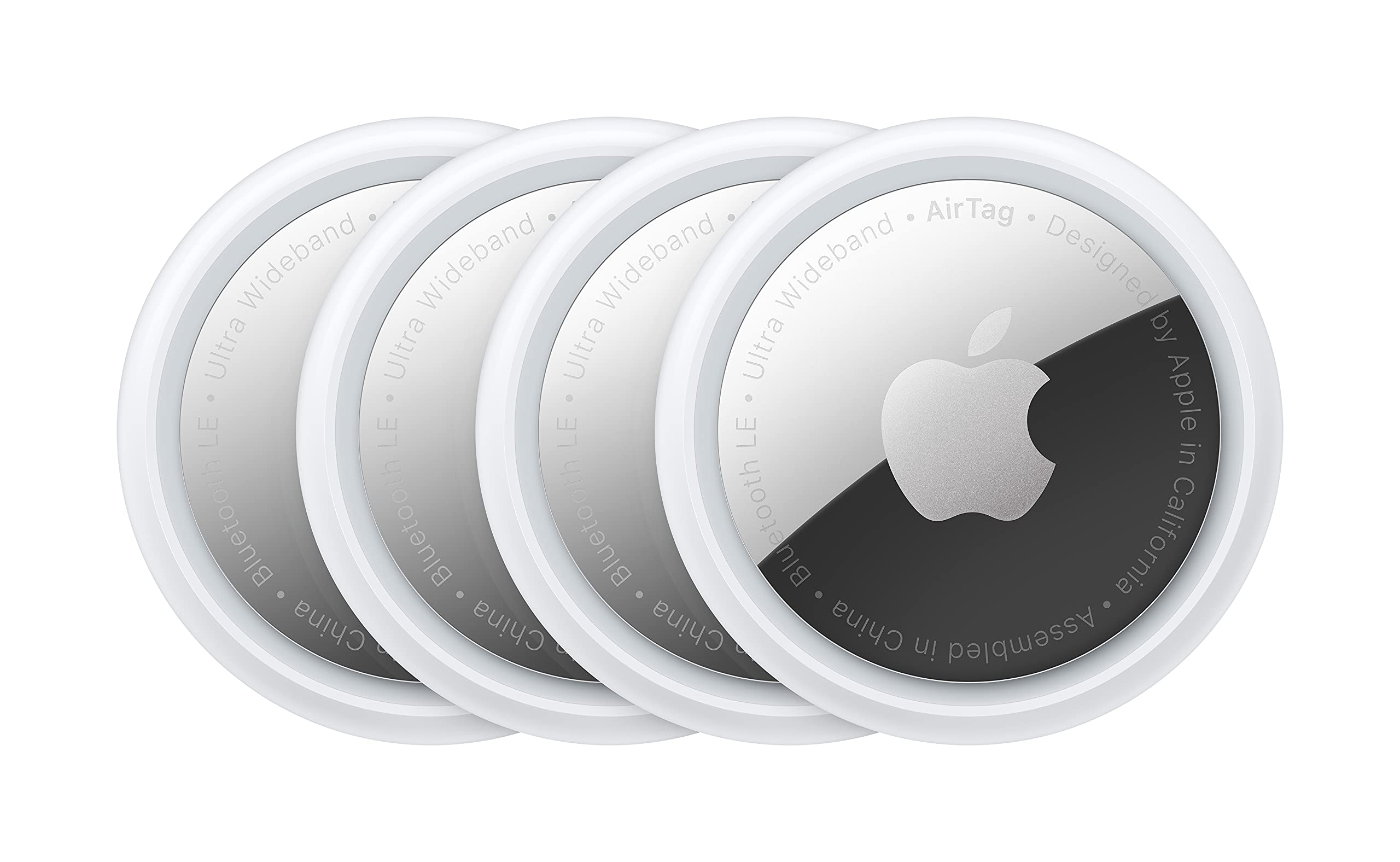 craques Apple AirTag single pack showing four white tracking devices with Apple logo