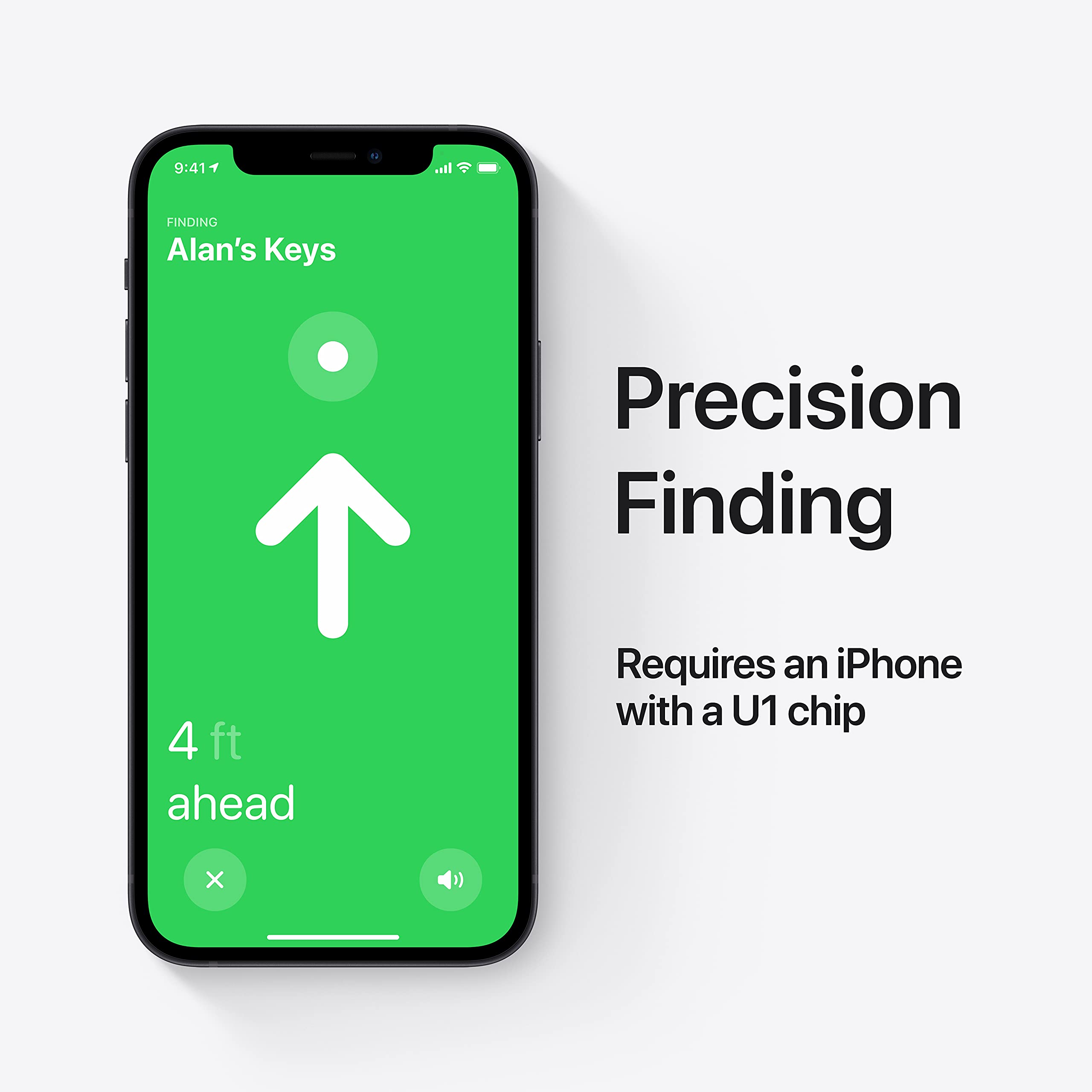 Apple AirTag single pack precision finding feature displayed on iPhone screen showing location of keys