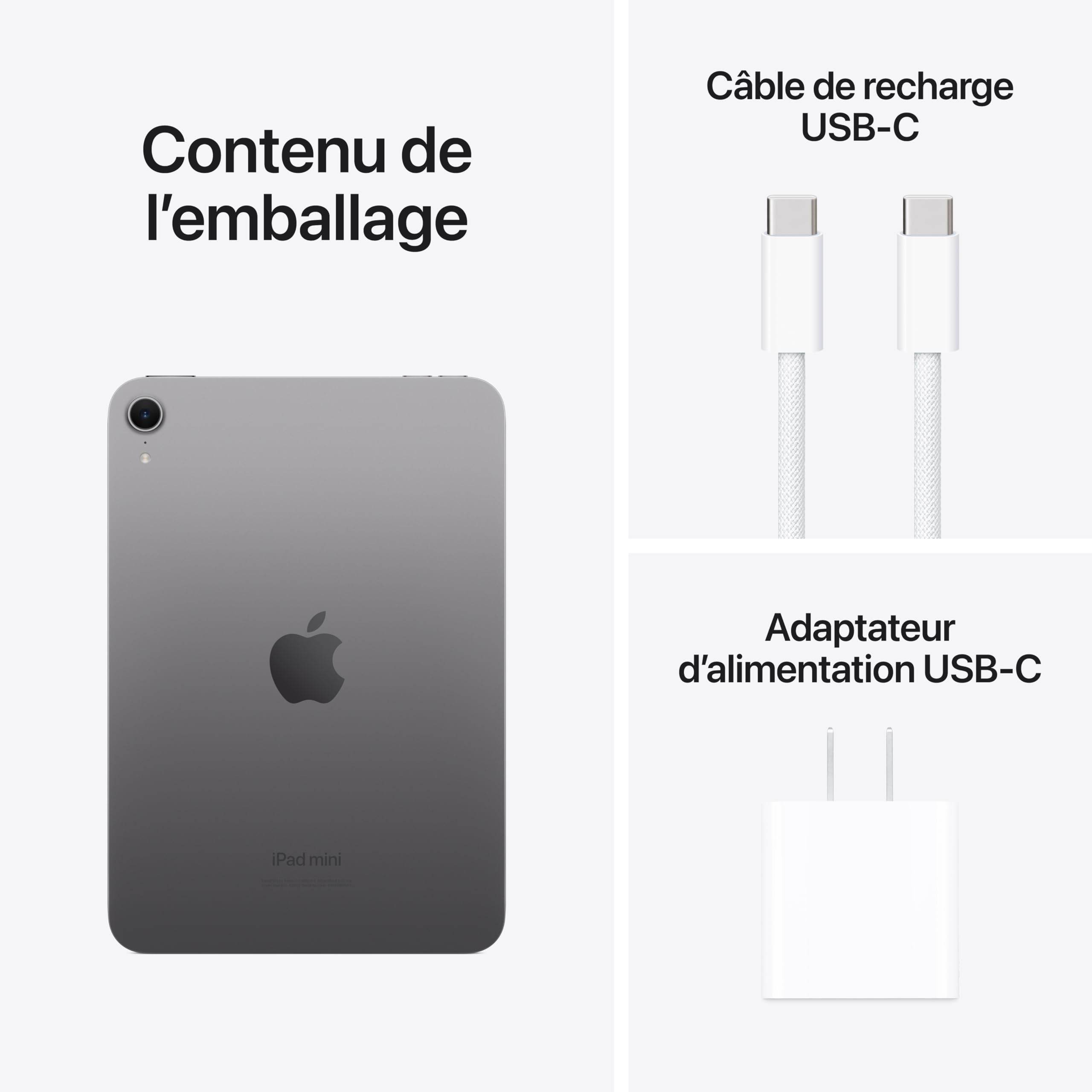 Apple iPad Mini A17 Pro 128GB in space gray with USB-C charging cable and USB-C power adapter