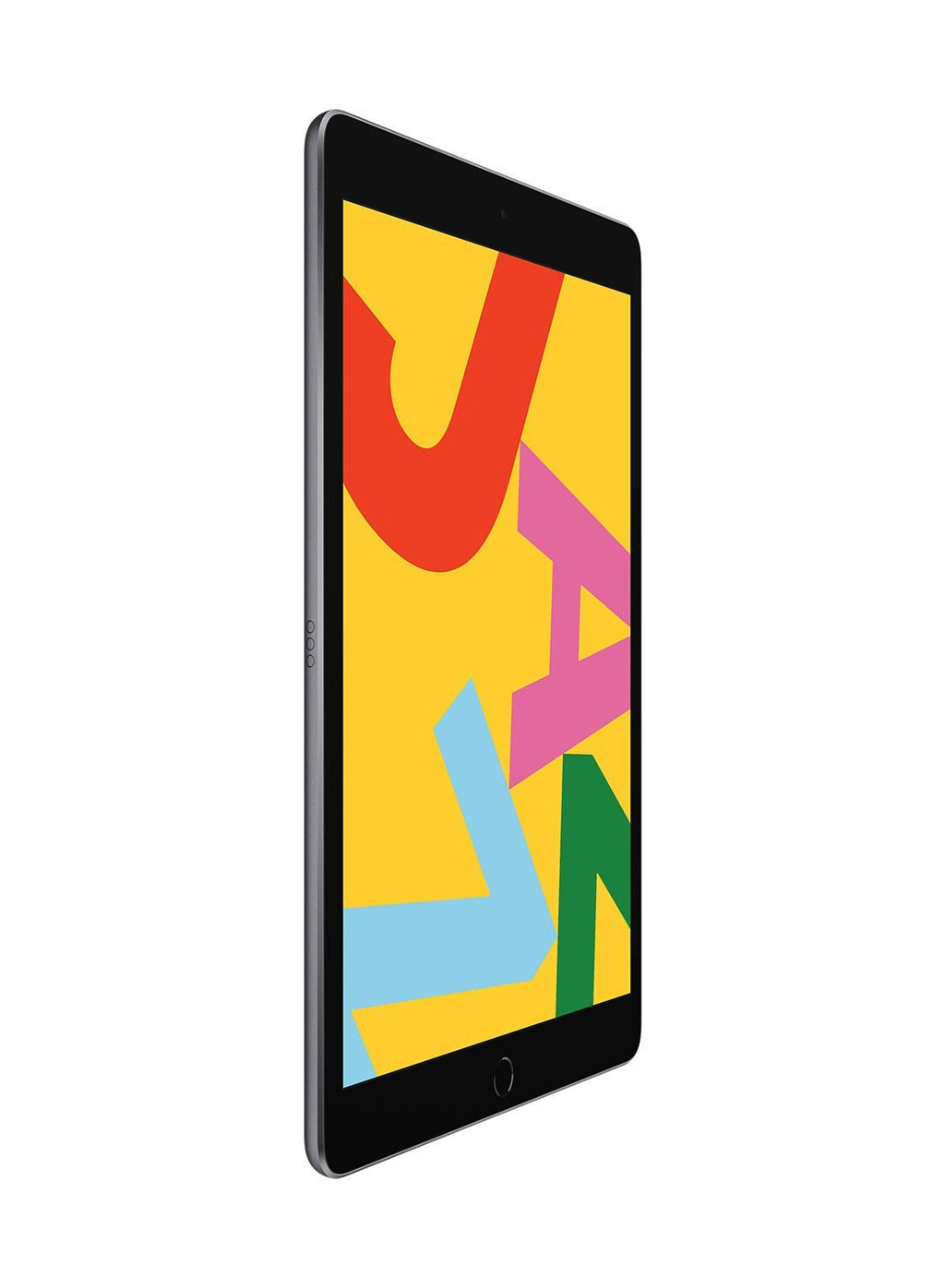 Renewed Apple iPad 10.2 inch with black front display showing colorful graphic design
