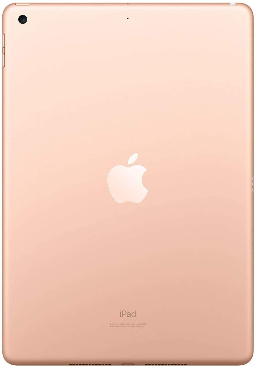 Renewed Apple iPad 10.2 inch in gold showing the back with Apple logo and camera