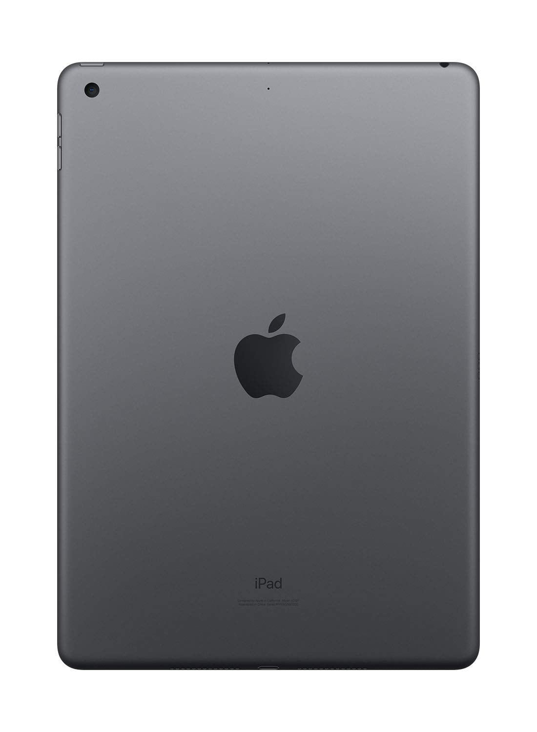 Back view of renewed Apple iPad 10.2 inch in space gray with rear camera and Apple logo