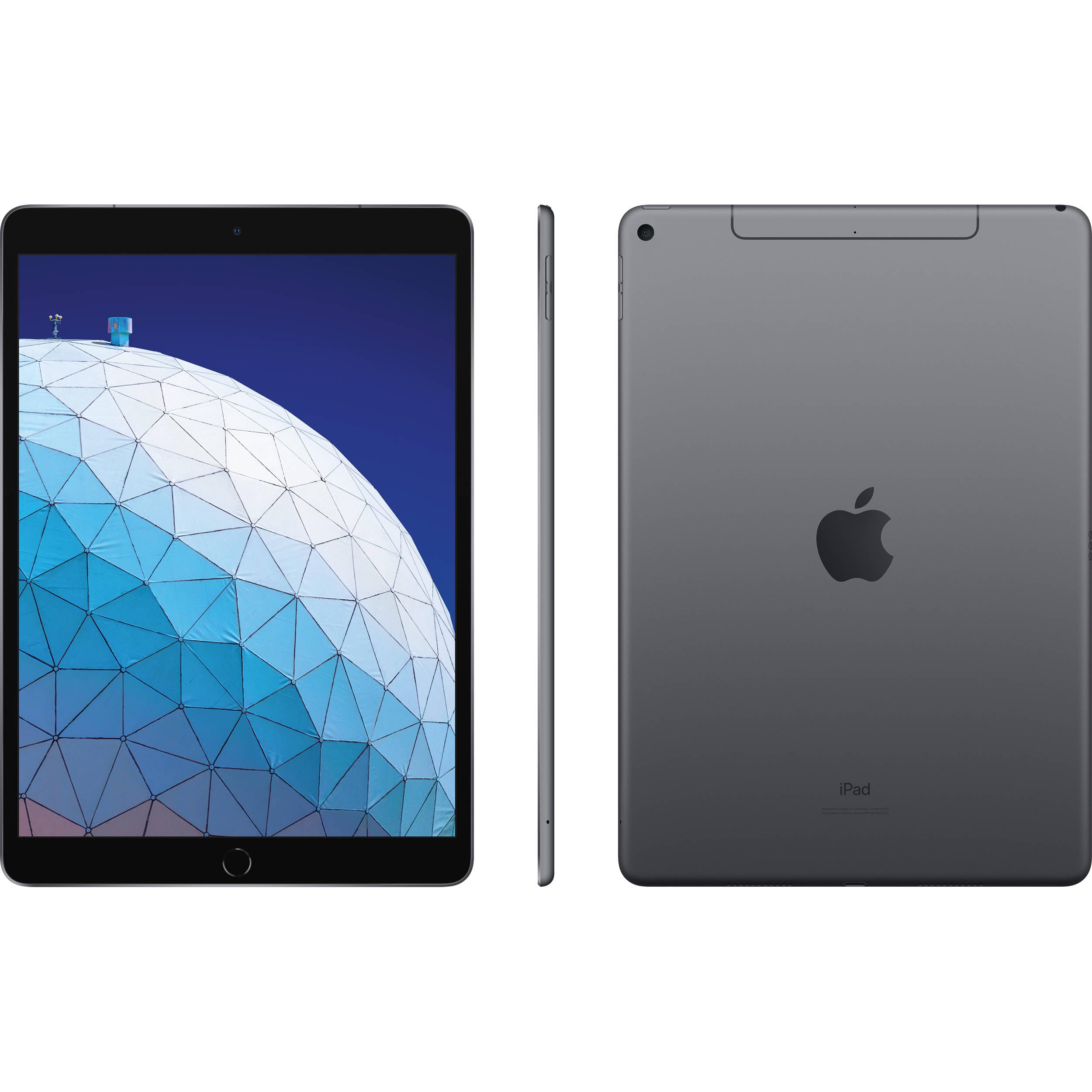 Renewed Apple iPad 10.2 inch showing front display, side profile, and back in space gray