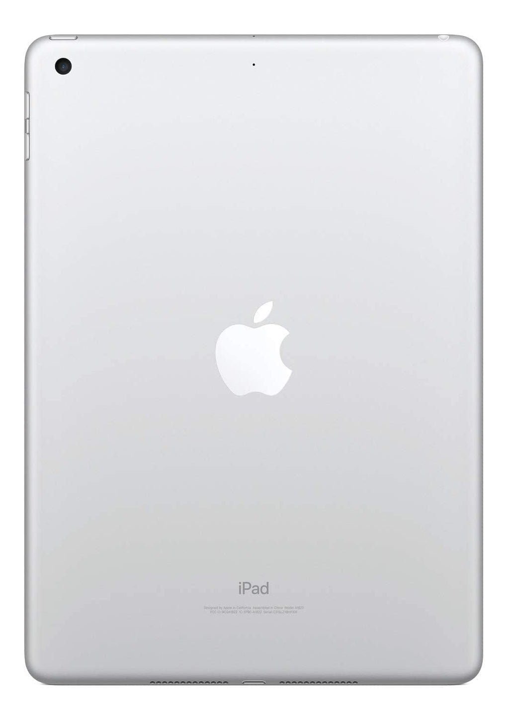 Back view of renewed Apple iPad 2018 32GB in silver with Apple logo and camera