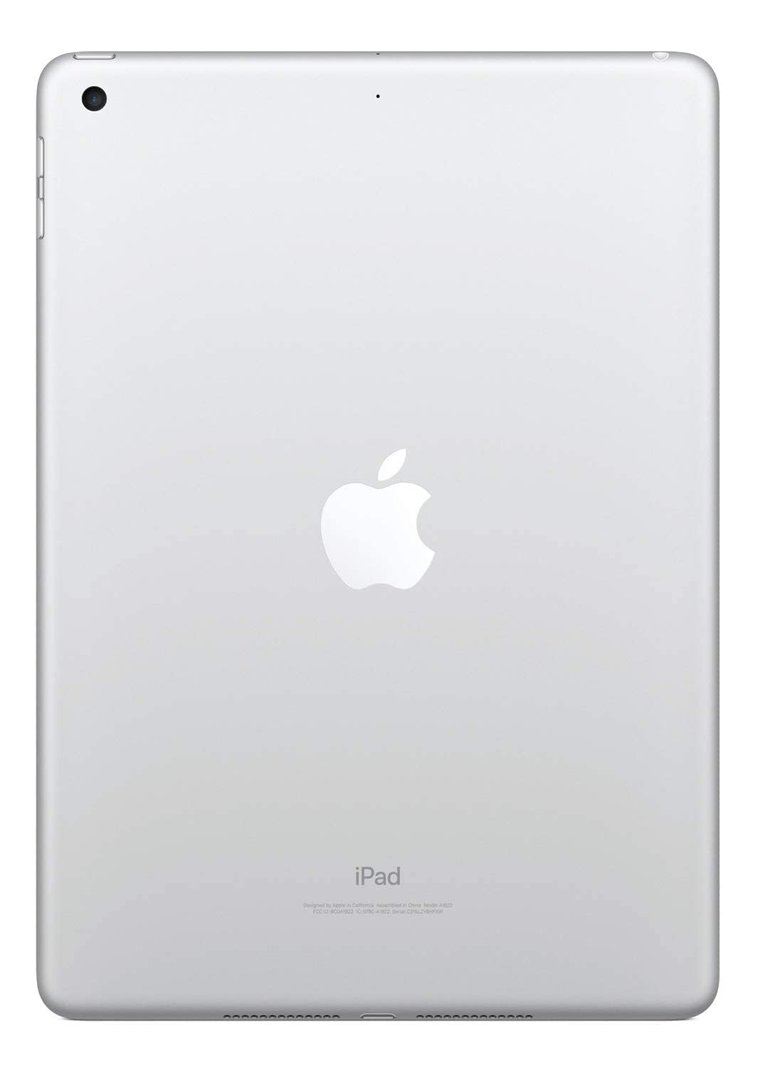 Back view of renewed Apple iPad 2018 32GB in silver with Apple logo and camera