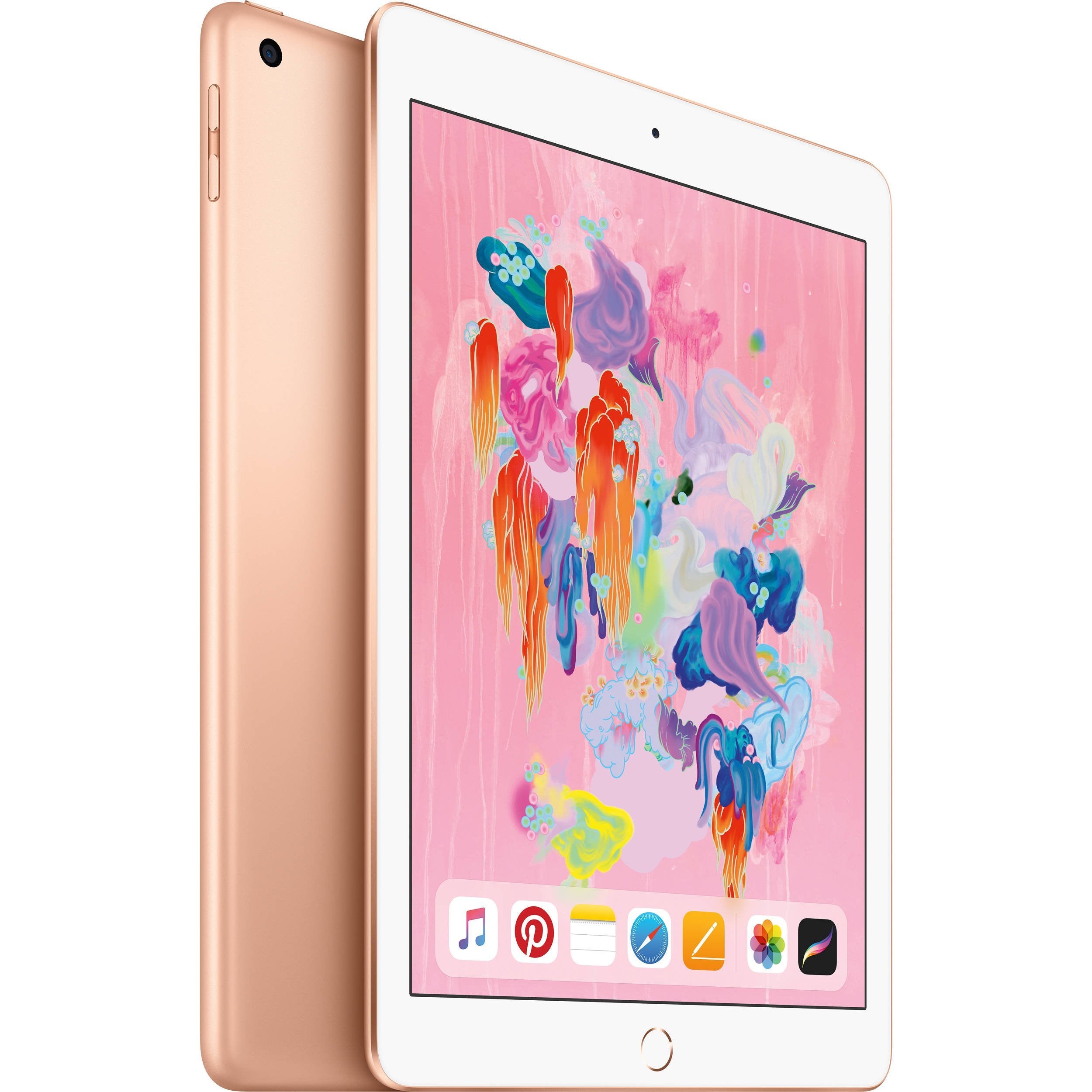 Renewed Apple iPad 2018 32GB in gold with colorful abstract wallpaper on display