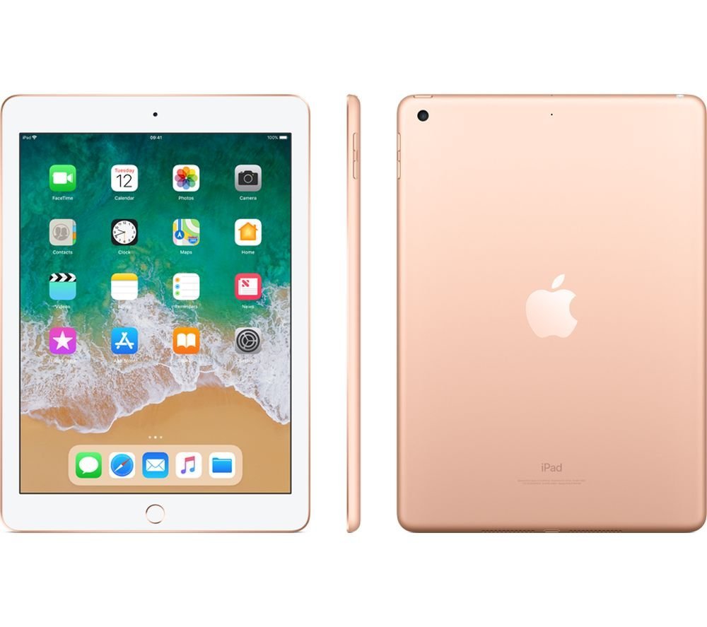 Renewed Apple iPad 2018 32GB front home screen gold back and side view from craques