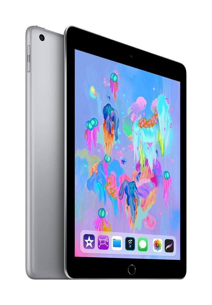 Renewed Apple iPad 2018 32GB in space gray with colorful abstract wallpaper on screen
