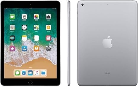 Renewed Apple iPad 2018 32GB in space gray showing front home screen, side profile, and back view