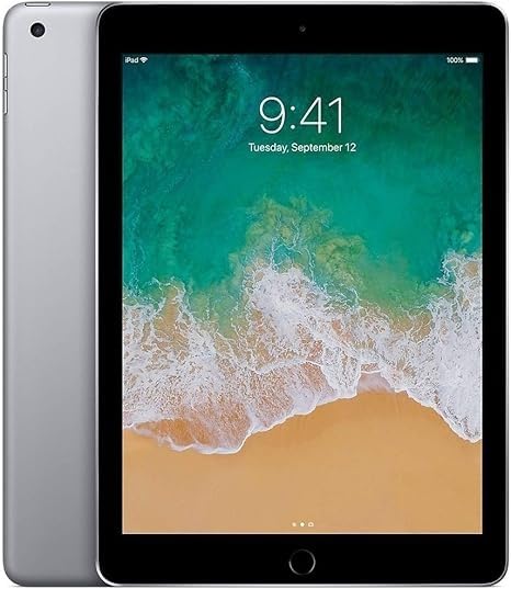 Renewed Apple iPad 2018 32GB in space gray showing home screen with beach wallpaper