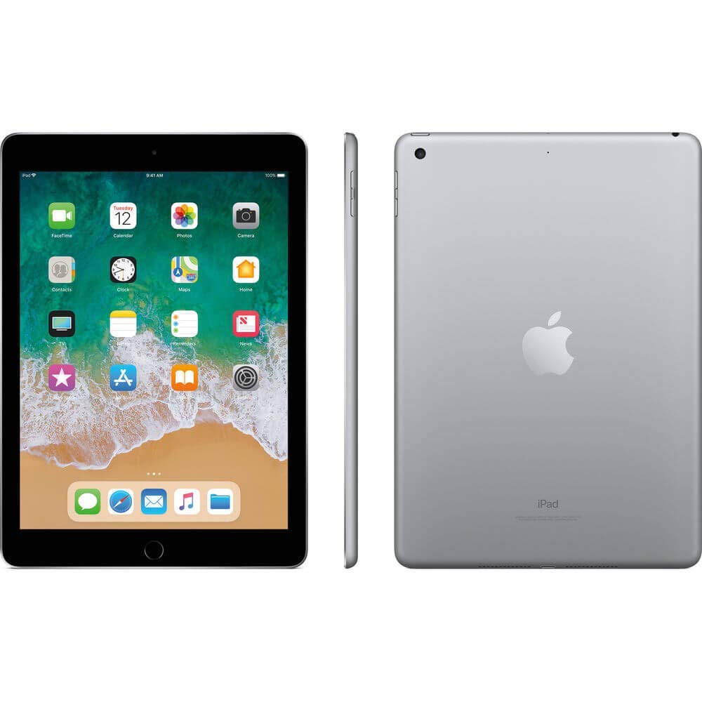 Renewed Apple iPad 2018 32GB shown from front, side, and back angles with black front and silver back