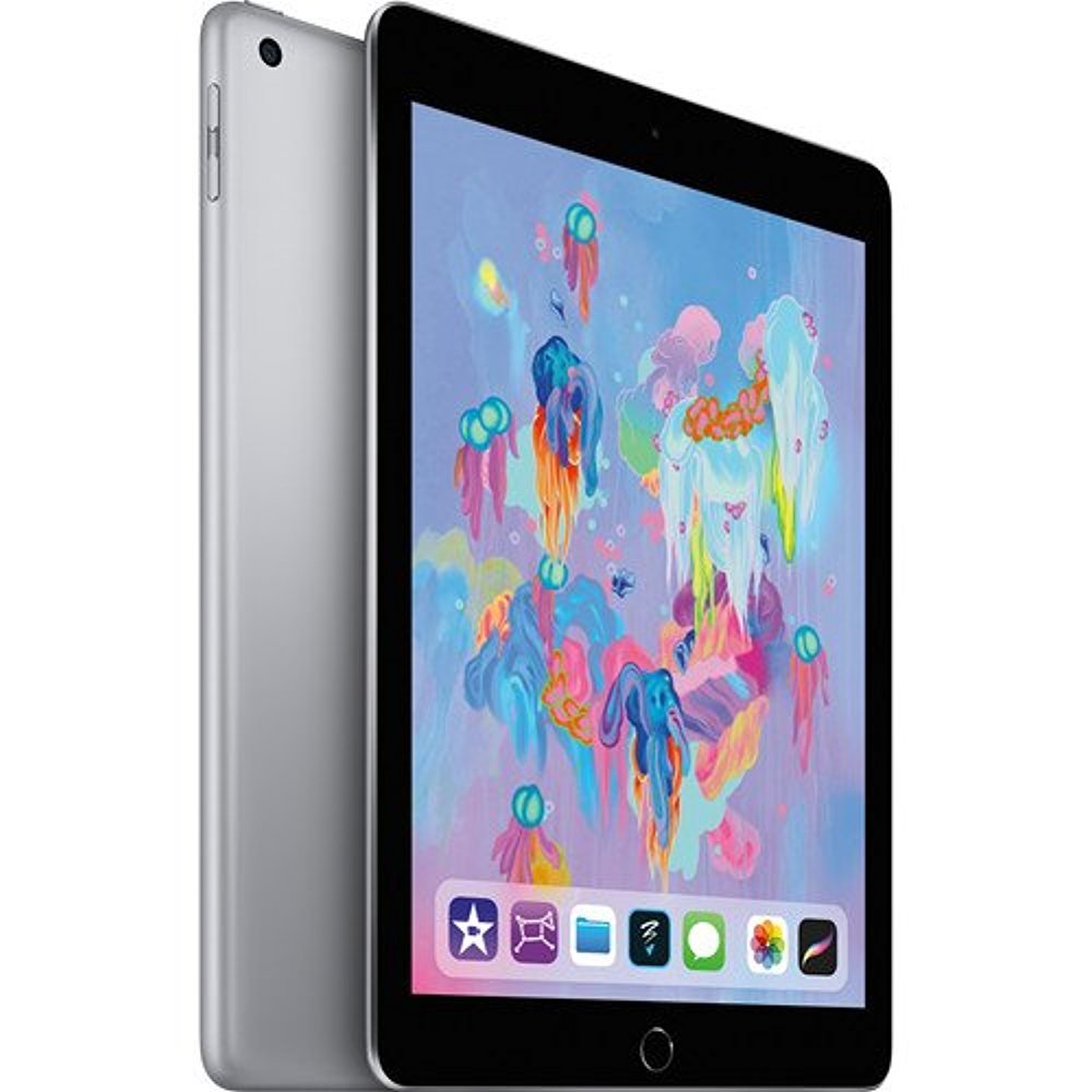 renewed Apple iPad 2018 32GB in space gray with colorful home screen icons displayed