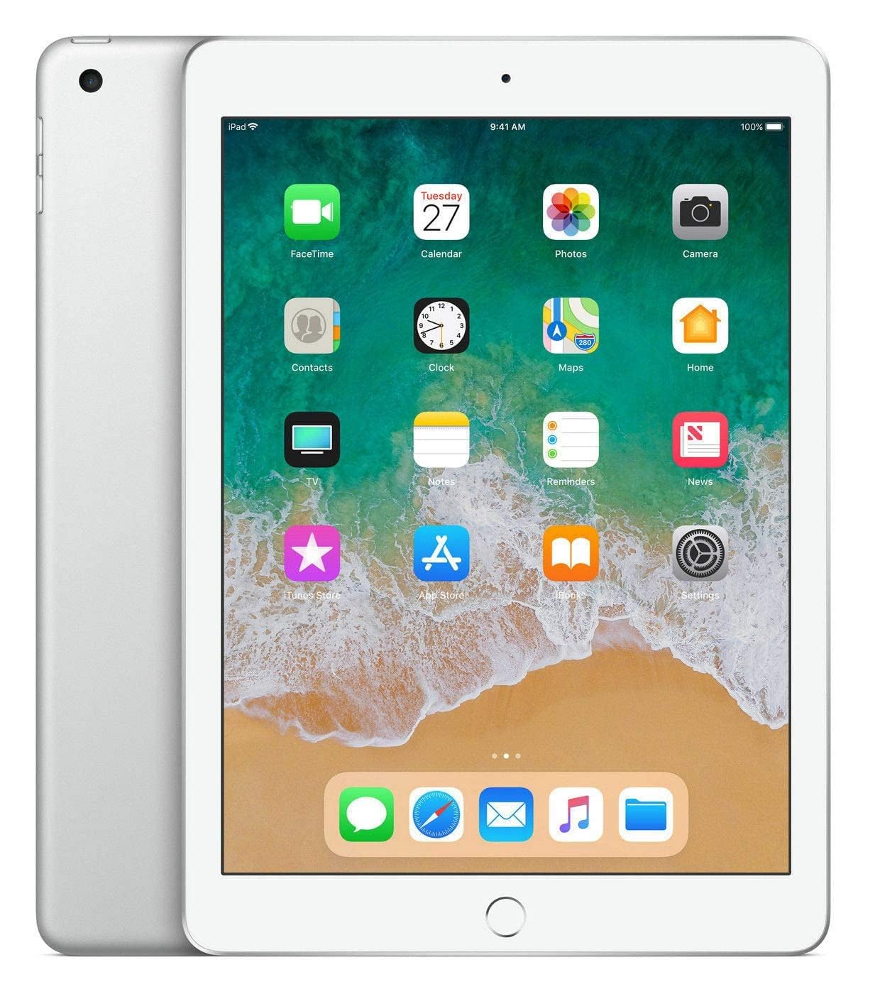 Renewed Apple iPad 2018 32GB in silver with home screen showing app icons by craques