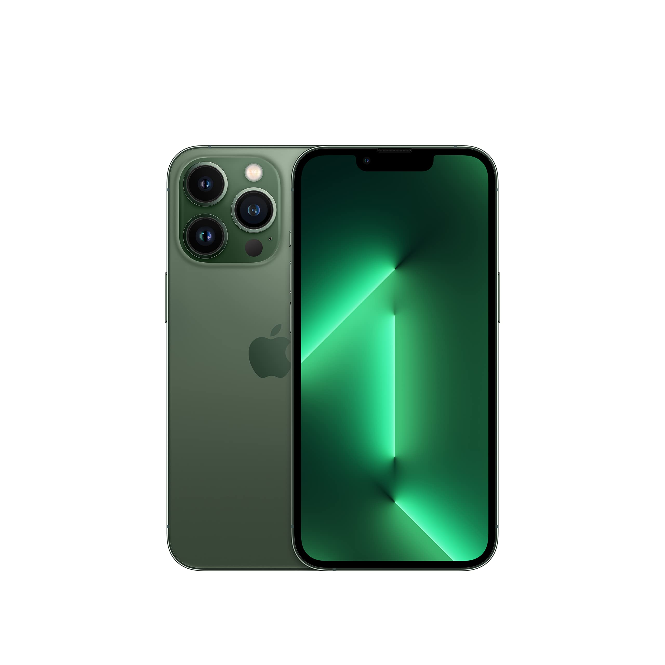 Renewed iPhone 13 Pro 128GB in green showing front display and triple camera setup