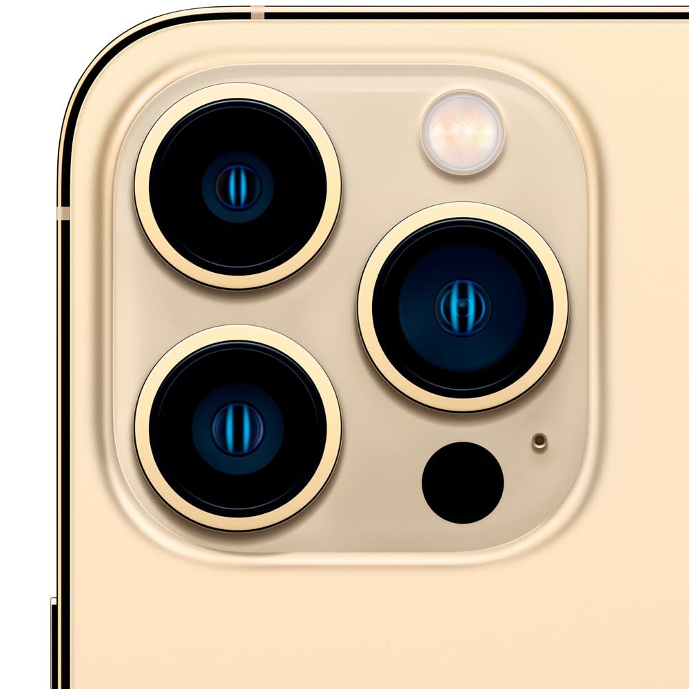 Close-up of the rear triple camera and flash on a renewed iPhone 13 Pro 128GB gold model