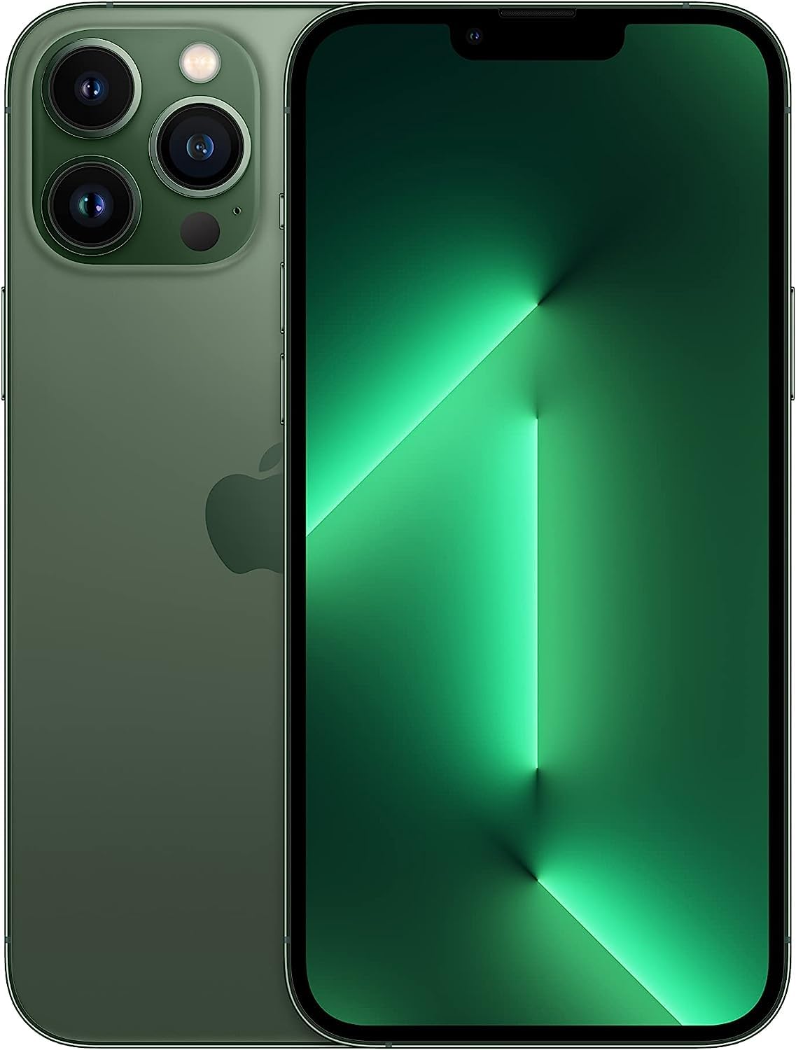 Renewed iPhone 13 Pro Max unlocked in green showing front display and triple camera system