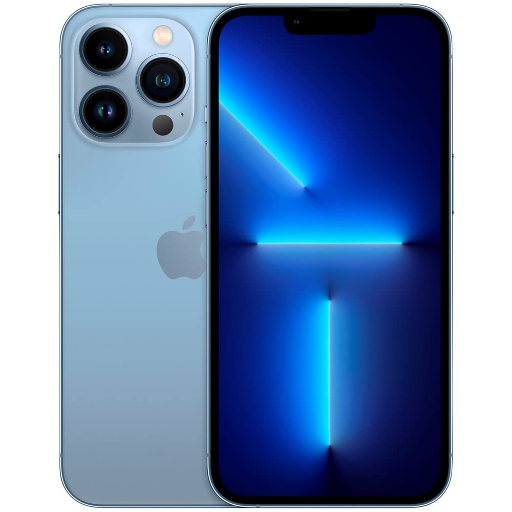 Renewed iPhone 13 Pro Max unlocked in Sierra Blue showing front display and triple camera system