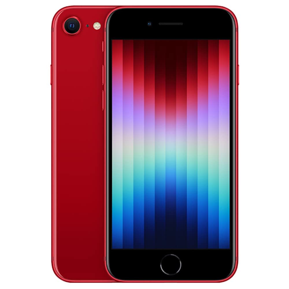 Unlocked iPhone SE 3rd generation renewed in red color showing front and back views